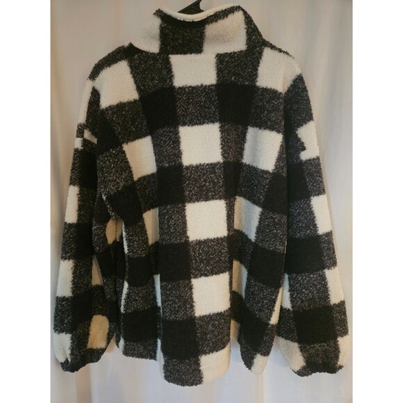 LOFT Buffalo Plaid Snap Collar Sherpa Top Black White Granola Lumberjack SZ XXL - Picture 4 of 8